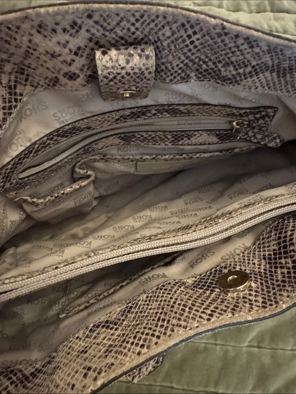 Michael Kors Snake-Print Leather Shoulder Bag in Taupe and Dark Brown